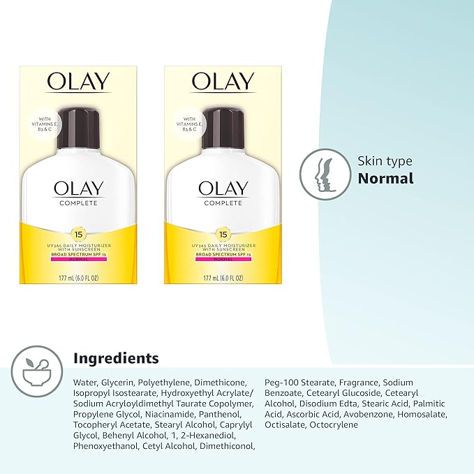 Olay Face Moisturizer, Complete with Sunscreen SPF 15, Daily Facial Lotion for Normal Skin, Lightweight Hydrating Broad Spectrum Sun Protection - Vitamin C, E, and Niacinamide - 6 Oz 2 Pack-FemmiqueWomen