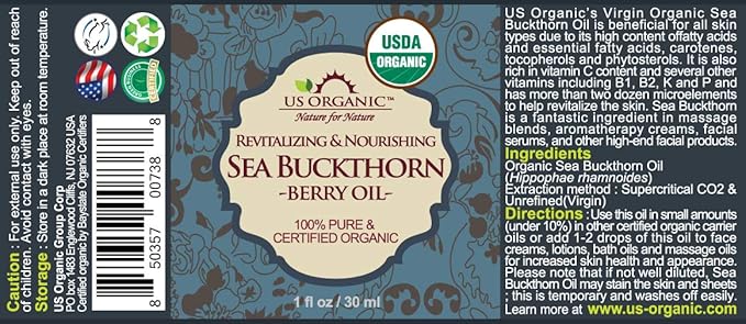 US Organic Sea Buckthorn Berry (Fruit) Oil, Supercritical CO2 extracted, USDA Certified Organic,100% Pure Virgin, Unrefined in Amber Glass Bottle, Face, Hair, spot Treatment, Anti Aging, 1 oz (30 ml)-FemmiqueWomen