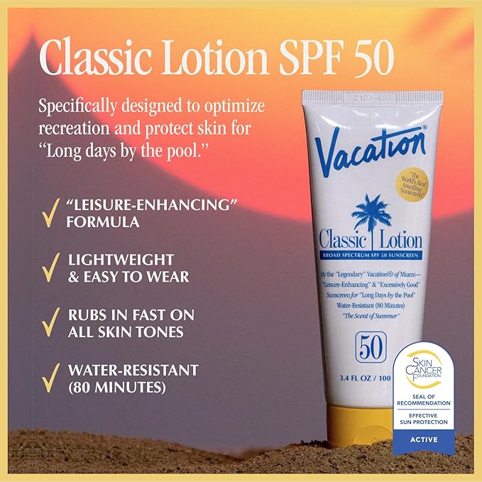 Vacation Classic Sunscreen Lotion SPF 50, Water-Resistant, Lightweight, Transparent on All Skin Tones, Dermatologist-Tested, Vegan, Travel Size, 3.4 Fl. Oz. (Value Pack of 3)-FemmiqueWomen
