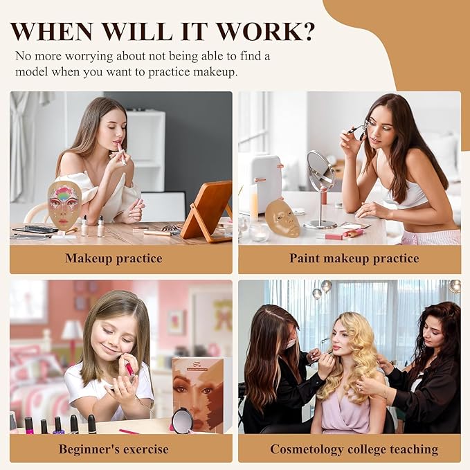 Make Up Practice Face, Face Painting Mannequin Head with Stand, 5D Reusable Silicone Face Practice Board, Mannequin Head for Makeup with Makeup Kit, Practice Face for Makeup Artist & Beginner, Brown-FemmiqueWomen