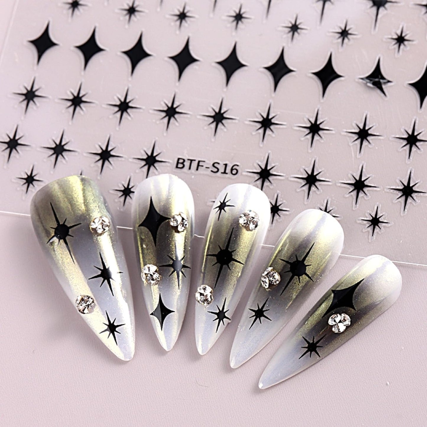 3D Self-Adhesive Star Nail Art Stickers - 12 Sheets Silver Gold Black White Decals for Acrylic Nails - Nail Design Supplies for Women Girls-FemmiqueWomen