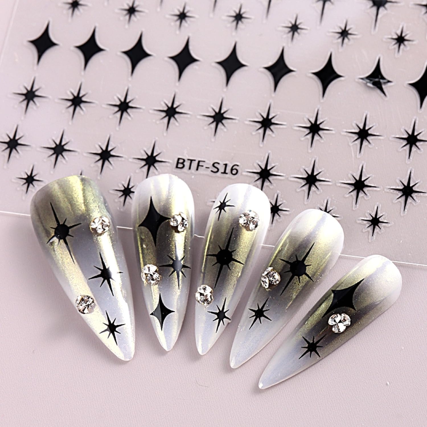 3D Self-Adhesive Star Nail Art Stickers - 12 Sheets Silver Gold Black White Decals for Acrylic Nails - Nail Design Supplies for Women Girls-FemmiqueWomen
