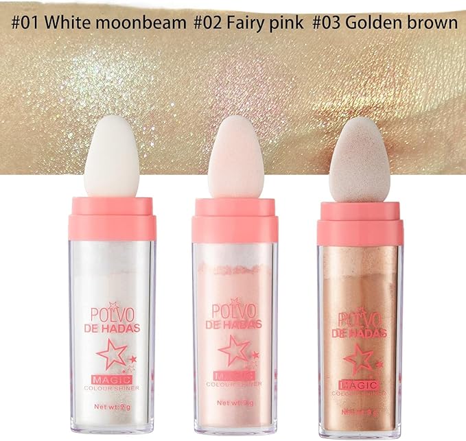 3 Color Polvo De Hadas, Body Glitter Highlighter Powder Fairy Stick for Makeup Shimmer and Shine High Gloss Blush Contour Powder Makeup - Sparkle Patting for Hair Face Eyes Body-FemmiqueWomen