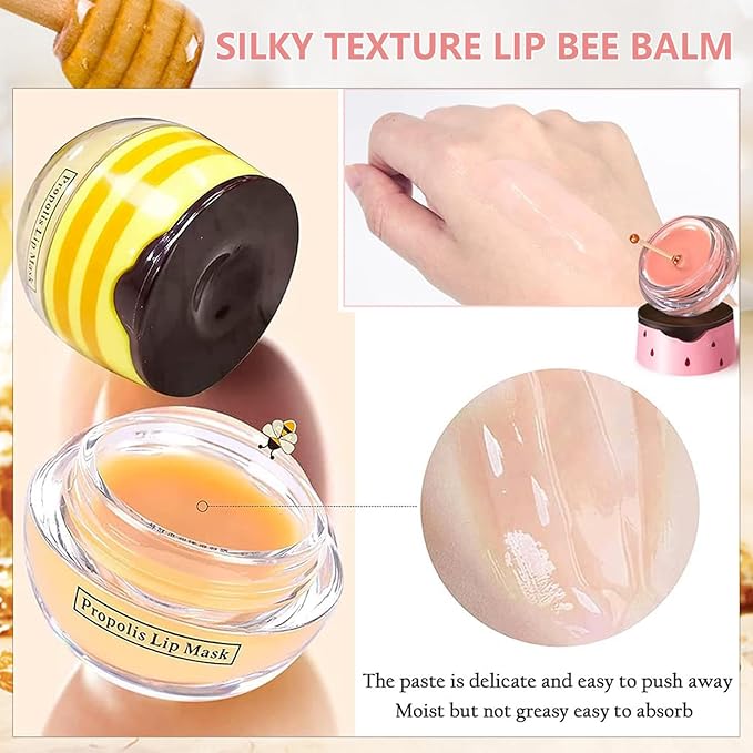 2 PCS Bee Lip Balm Honey Pot, Watermelon & Apple Lime Sleeping Lip Mask Overnight, Hydrating Prevention Dry and Cracked Lip Scrub, Reduces Lip Lines, Brightening Lip Color-FemmiqueWomen