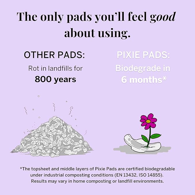 Pixie Organic Cotton Pads for Women - Ultra Thin with Wings, Leak-Proof & Moisture-Wicking for Feminine Care - Compostable, Unscented Menstrual Pads - Regular Absorbency - 48 Count