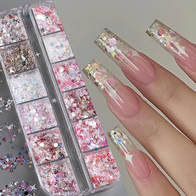 12 Grids Star Nail Art Glitter Sequins Heart Shaped Mermaid Nail Sequins Holographic Mermaid Nail Flakes Sticker Sequin Heart Nail Art Glitter for Women DIY Acrylic Nail Decoration-FemmiqueWomen