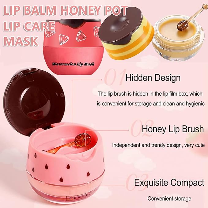 3PCS Lip Balm Honey Lip Balm, Honey Pot Lip Balm Sleeping Lip Mask with Brush, Hydrating & Prevention Dry and Cracked, Lip Scrubs Exfoliator & Moisturizer-FemmiqueWomen