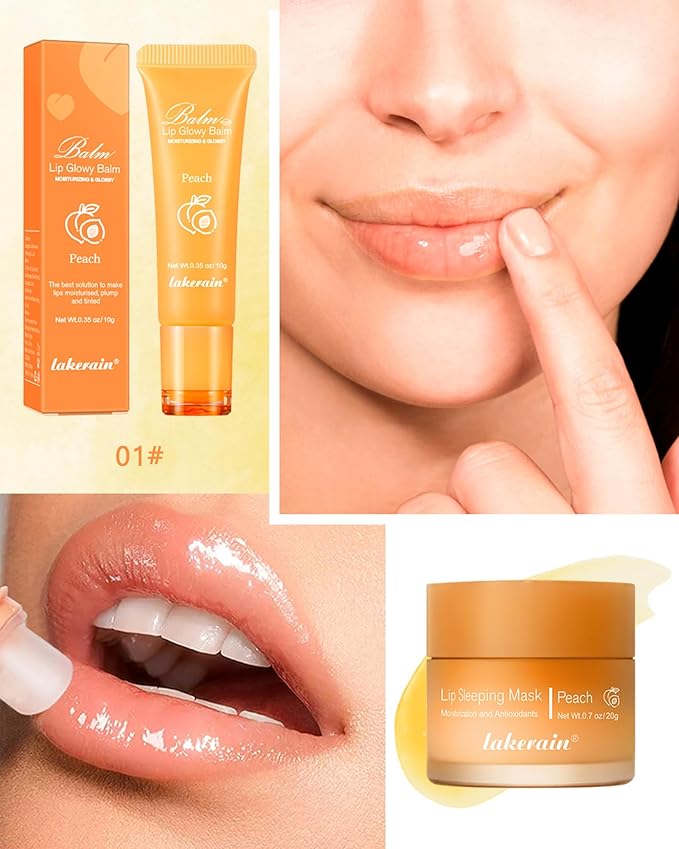 2Pcs Lip Glowy Balm & Lip Sleeping Mask Set,Hydrating Nourishing Repair Sleeping Lip Mask,Glossy Tinted Lip Balm,Day & Night Smooth Cracked Chapped Dry Lip,Lip Care Therapy Treatment for Women-01Peach-FemmiqueWomen