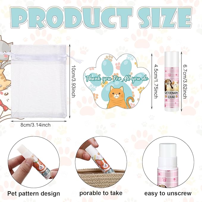 36 Sets Vet Tech Gift Animal Lip Balm Thank You Tag Organza Bag Veterinarian Appreciation Gifts Vet Tech Week Gift for Veterinary Technologist Nurse Birthday Christmas End of Year Supplies-FemmiqueWomen