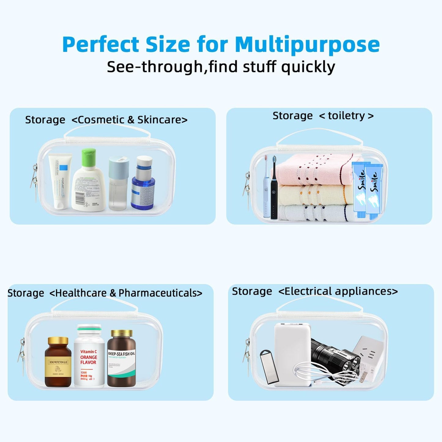 SameTech Zip Bins Clear Storage Bins for Home Organization, Stackable Hard Shell Zipper Case to Organize Bin, Zippered Hard Pouch Container Toiletry Bag Travel Bags for Toiletries, 2pcs-FemmiqueWomen