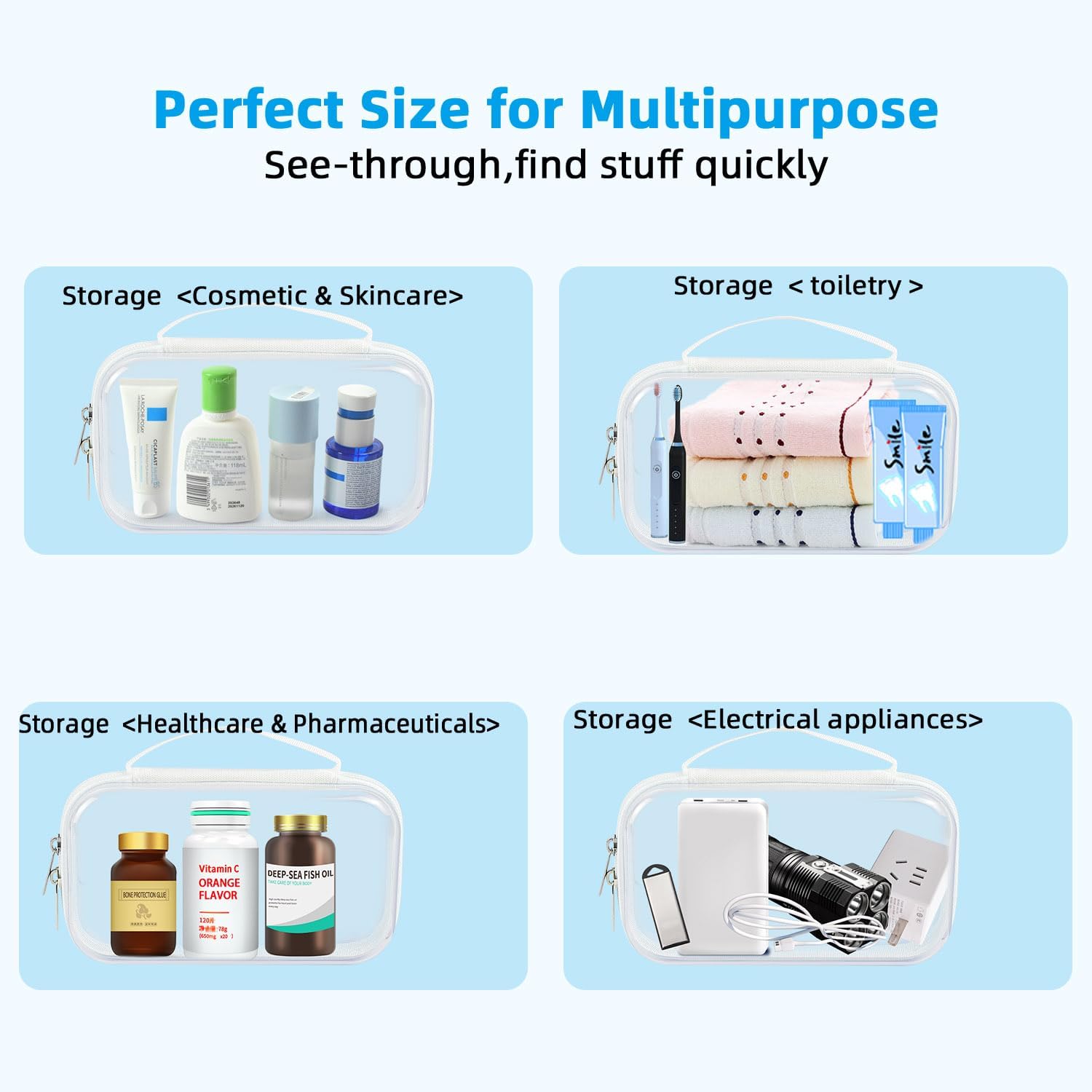 SameTech Zip Bins Clear Storage Bins for Home Organization, Stackable Hard Shell Zipper Case to Organize Bin, Zippered Hard Pouch Container Toiletry Bag Travel Bags for Toiletries, 2pcs-FemmiqueWomen