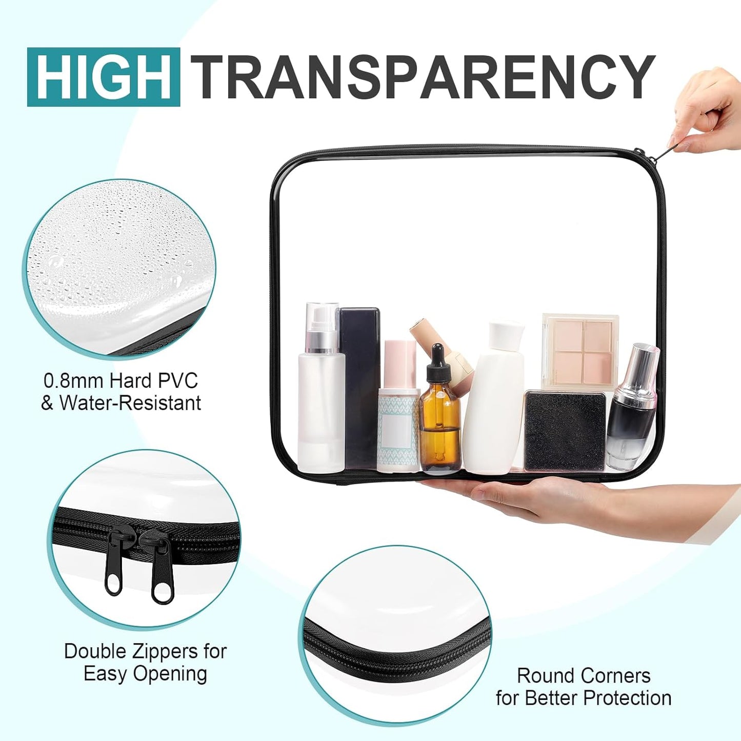 Hoolerry 3 Pcs Clear Hard Zipper Case Plastic Pouch Transparent Hard Case Clear Makeup Bag Portable Travel Organizer Bin for Cosmetics, Building Blocks, Puzzles(Black,L)-FemmiqueWomen