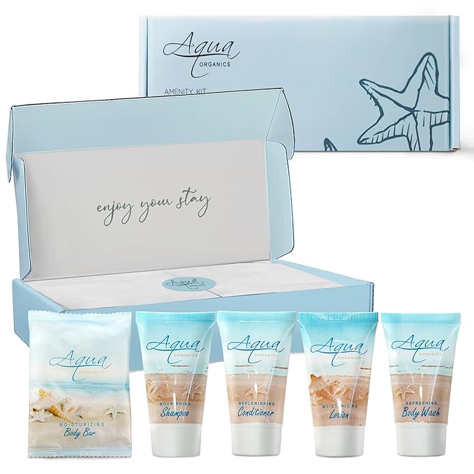 1-Shoppe All-In-Kit|Aqua Organics Amenity Kit|Boxed Hotel Toiletries|Bulk Set 1oz Travel Size Shampoo,Conditioner,Lotion,Body Wash & Bar Soap for Guest Hospitality AirBnB/Vacation Rentals|5 Pieces-FemmiqueWomen