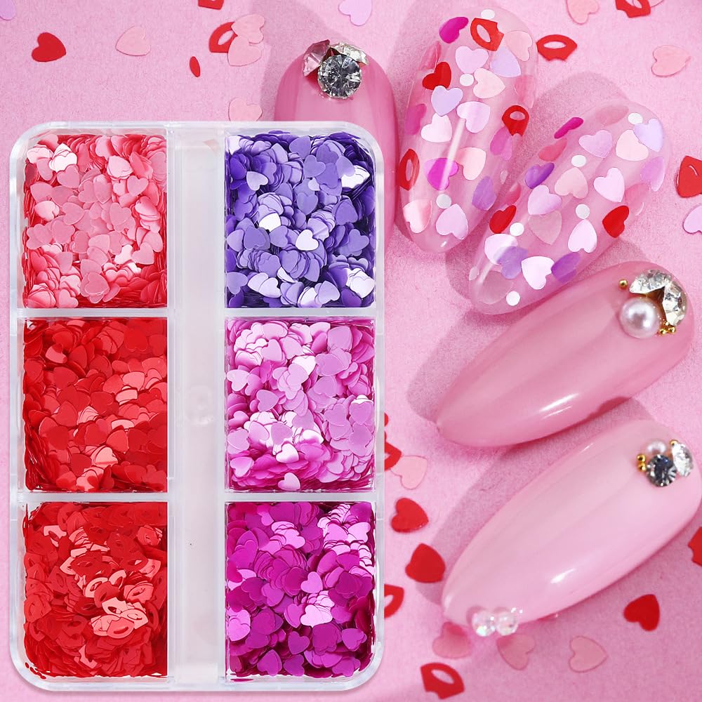 12 Grids Valentine’s Day Nail Art Glitter Sequins 3D Laser Red Pink Heart Glitters Nail Decals，Holographic Love Heart Nail Art Supplies for Women Manicure Charms Decorations Body Makeup Sets-FemmiqueWomen