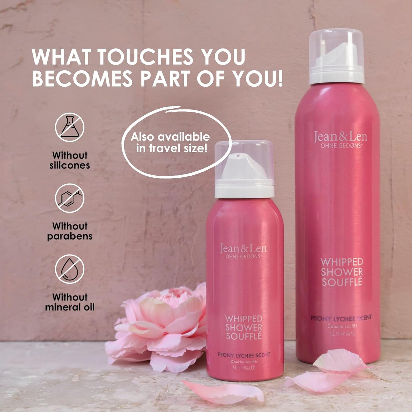 Jean & Len Shower Soufflé Peony & Lychee, with almond, jojoba & babussa oil, for a fragrant cleansing experience, for normal to dry skin, shower foam, without parabens & silicones, vegan, 6.76 Fl. Oz.-FemmiqueWomen