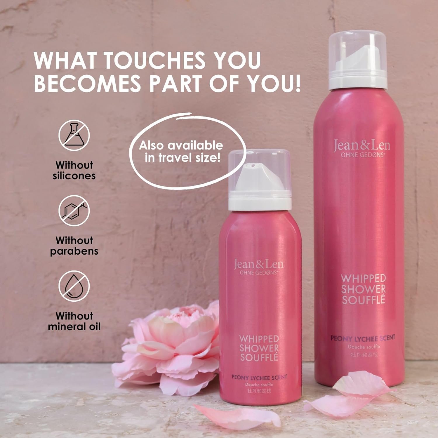 Jean & Len Shower Soufflé Peony & Lychee, with almond, jojoba & babussa oil, for a fragrant cleansing experience, for normal to dry skin, shower foam, without parabens & silicones, vegan, 6.76 Fl. Oz.-FemmiqueWomen