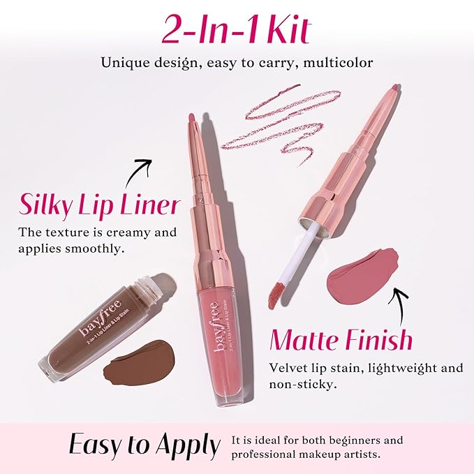 2 PCS Lip Liner and Lip Stain Combo Set, High Pigmented Long Lasting Velvet Lip Tint, Well-Defined Lipliner, Weightless Waterproof Not Animal Tested, Matte Finish Makeup-FemmiqueWomen