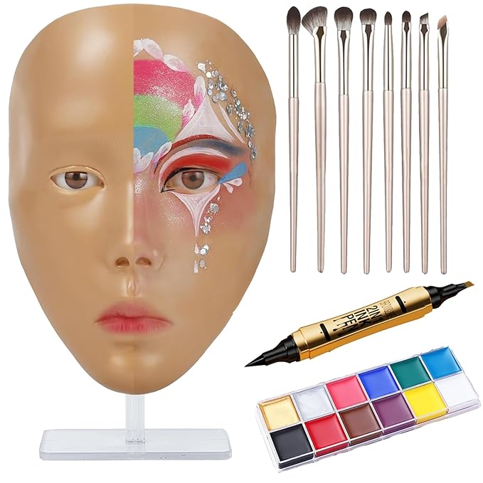 Make Up Practice Face, Face Painting Mannequin Head with Stand, 5D Reusable Silicone Face Practice Board, Mannequin Head for Makeup with Makeup Kit, Practice Face for Makeup Artist & Beginner, Brown-FemmiqueWomen
