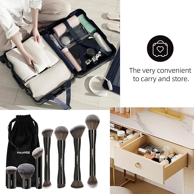 MAANGE 7pcs Makeup Brush Set Double Sided Kabuki Makeup Brushes Contour Brush for Foundation Liquid Powder Concealer Cream Cosmetics Bronzer Blending Blush Buffing Makeup Tools (Black)-FemmiqueWomen