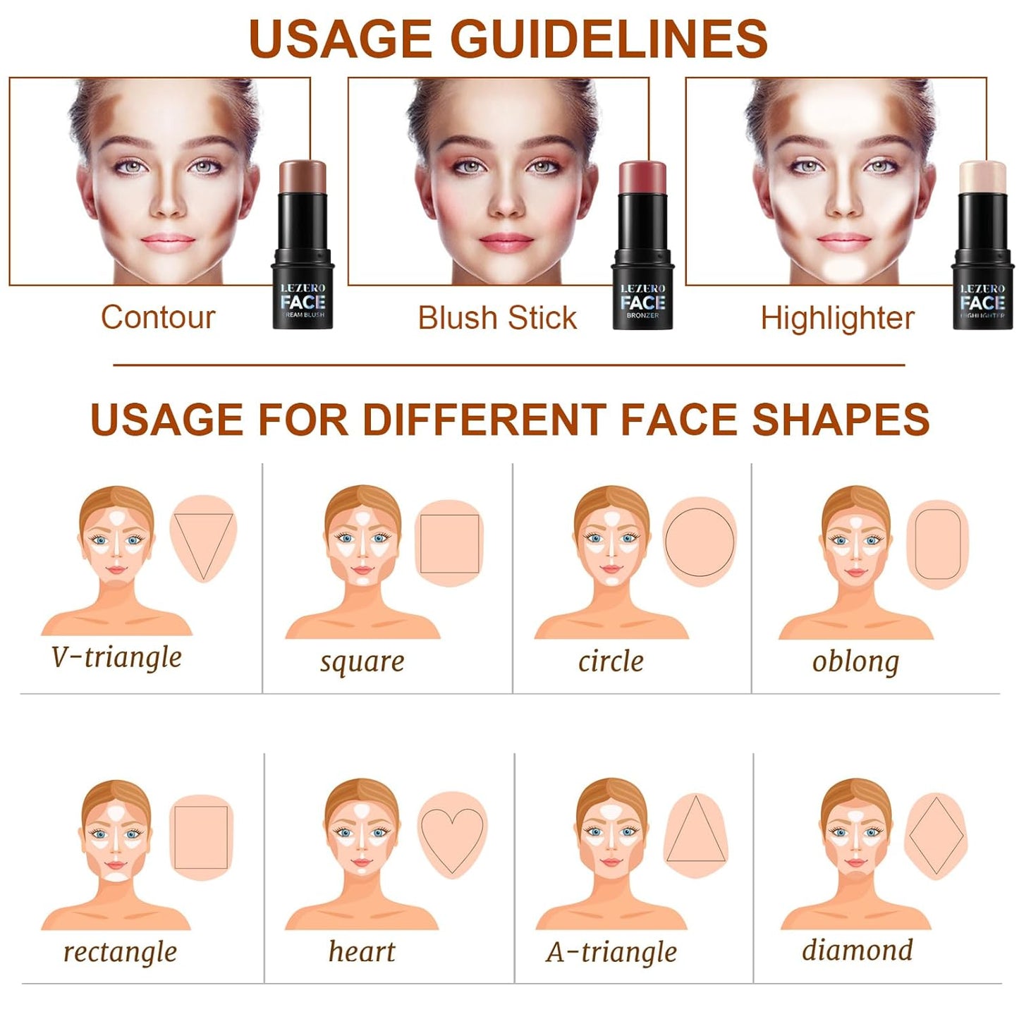 3Pcs Contour Stick Makeup Set, Shades with Highlighter Blush Bronzer Stick Kit for Sculpt the Cheeks and All Skin Type, Longwear Smooth Non-greasy Formula for All Skin Types, Mature-FemmiqueWomen