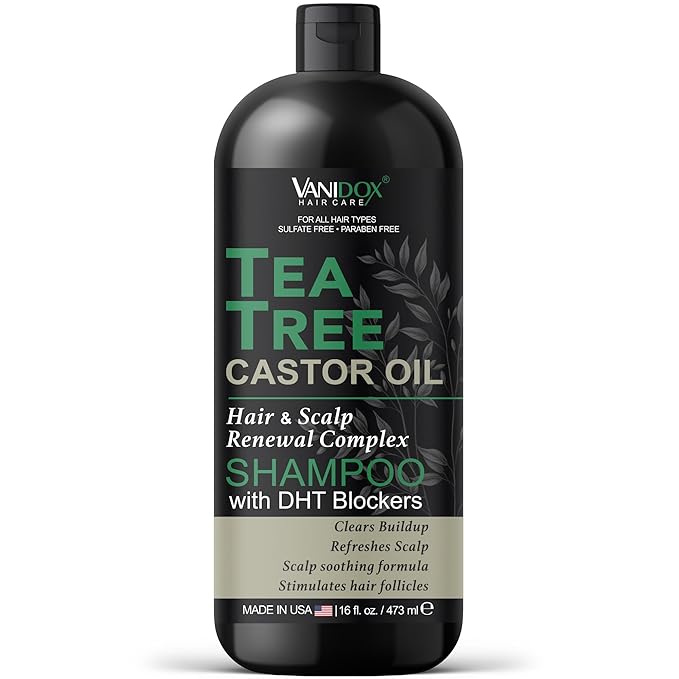 Tea Tree Oil Shampoo with Castor Oil, DHT Blockers, Itchy Scalp Relief, Supports Fuller Hair, Cleanses Dandruff & Buildup, For Men & Women, Made in USA, 16 fl oz-FemmiqueWomen