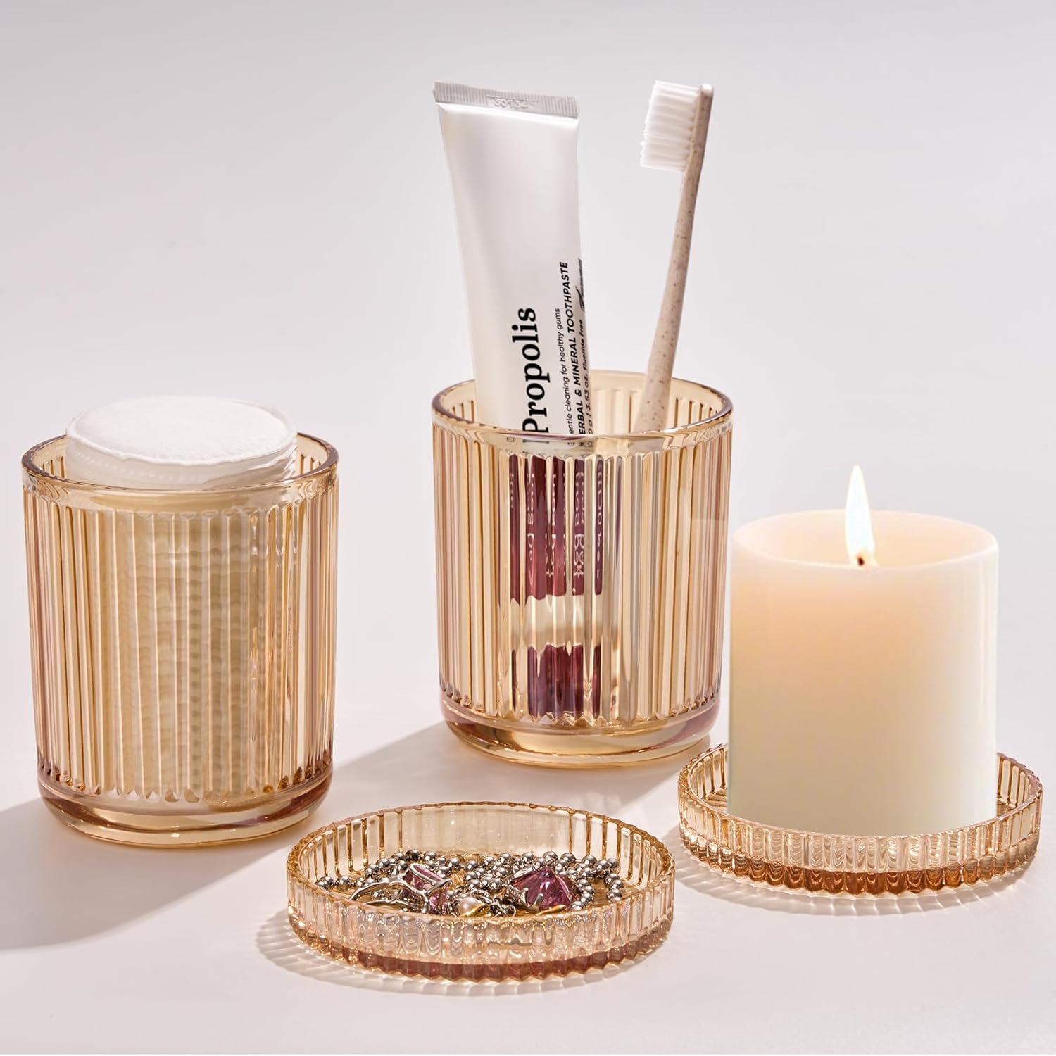 2 Pack Glass Qtip Holder Dispenser Set - Bathroom Organizer for Cotton Swabs, Balls, Pads, Floss Picks - Clear Apothecary Jars for Vanity, Makeup Storage, Bathroom Accessories Decor (Amber)-FemmiqueWomen