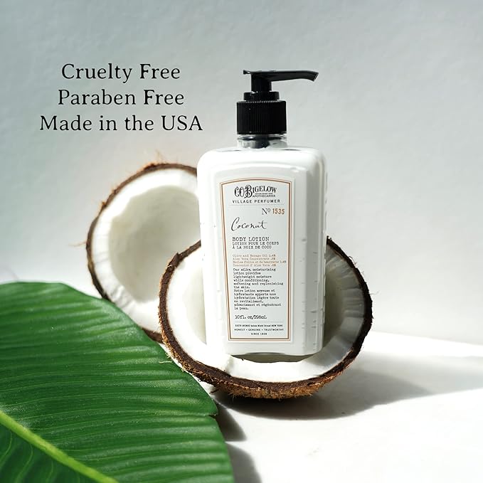 C.O. Bigelow Coconut Body Lotion, Village Perfumer Moisturizing Body Lotion with Aloe Vera, Borage Oil & Olive Oil, 10 Fl Oz-FemmiqueWomen