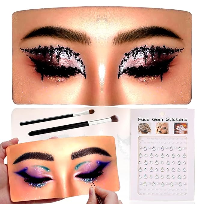 Mannequin Face for Makeup Practice, Makeup Practice Face Board with Makeup Brushes Rhinestones Sticker, Silicone Makeup Mannequin Face for Makeup Artist Supplies(Wheat colored)-FemmiqueWomen