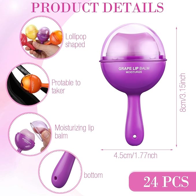 24 Pcs Lollipop Lip Balm Bulk Lip Balm Cherry Grape Orange Honey Taste Lip Balm Lip Care Gift for Women Soothing Moisturizing Lip Balms for Dry Chapped Lips Office Business Favors-FemmiqueWomen