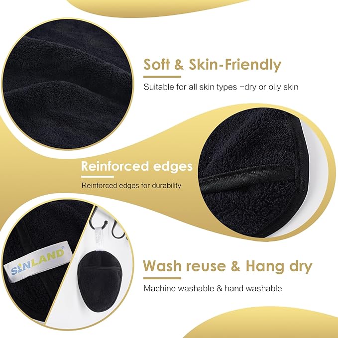 SINLAND Reusable Makeup Remover Pads For Face,Eye,Lips Microfiber Gentle Facial Cleansing Cloths for All Skin Types Friendly for Makeup Remover With Laundry Bag Black Pack of 12-FemmiqueWomen