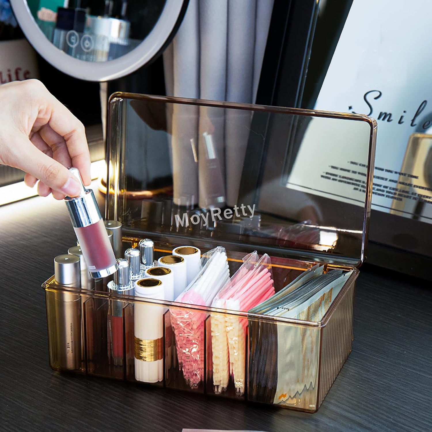 MoyRetty Acrylic Lash Extension Organizer, Large Capacity Eyelash Extension Supplies Storage Container Box, Neatly Store and Organize Your Lash Supplies (Amber)-FemmiqueWomen