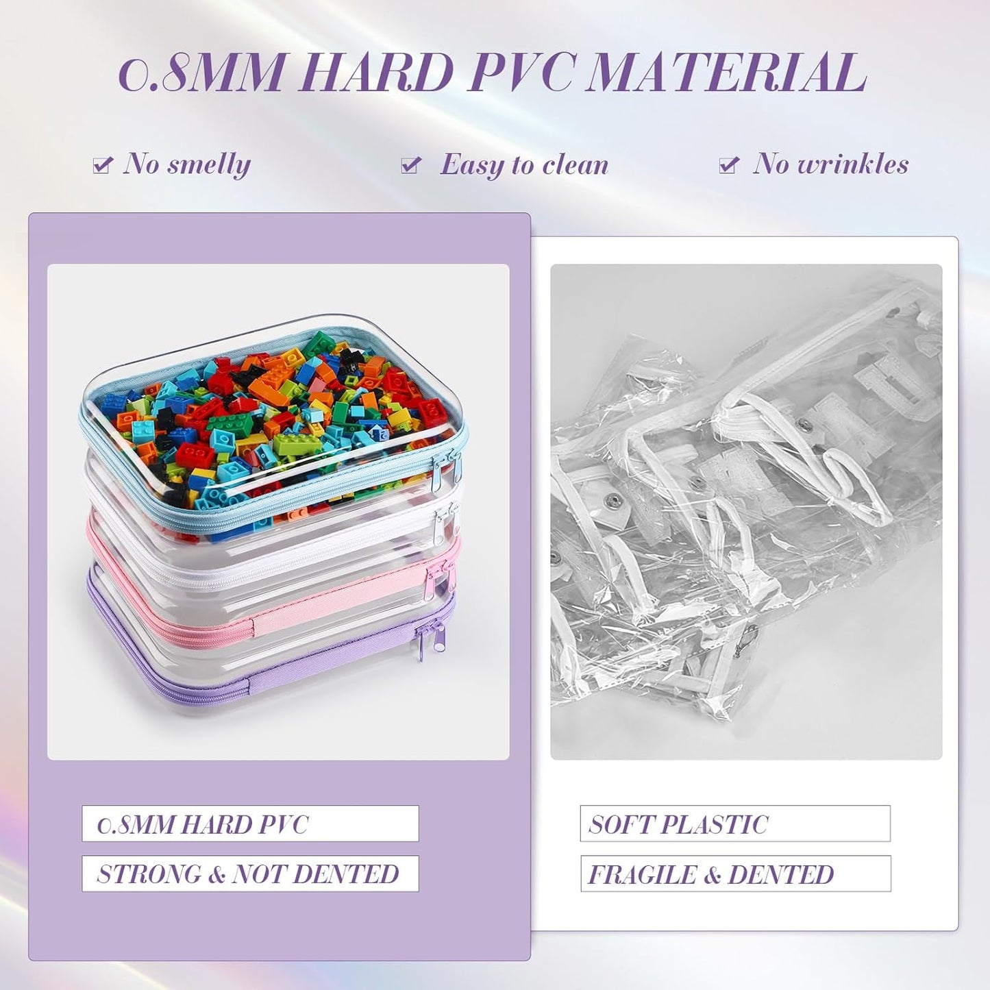 Hoolerry 4 Pcs Hard Clear Zipper Case Makeup Bags Plastic Pencil Pouch Transparent Storage Box Containers for Cosmetics, Snacks, Building Blocks, Puzzles(Multicolor,9.8 x 7.9 x 2 in)-FemmiqueWomen
