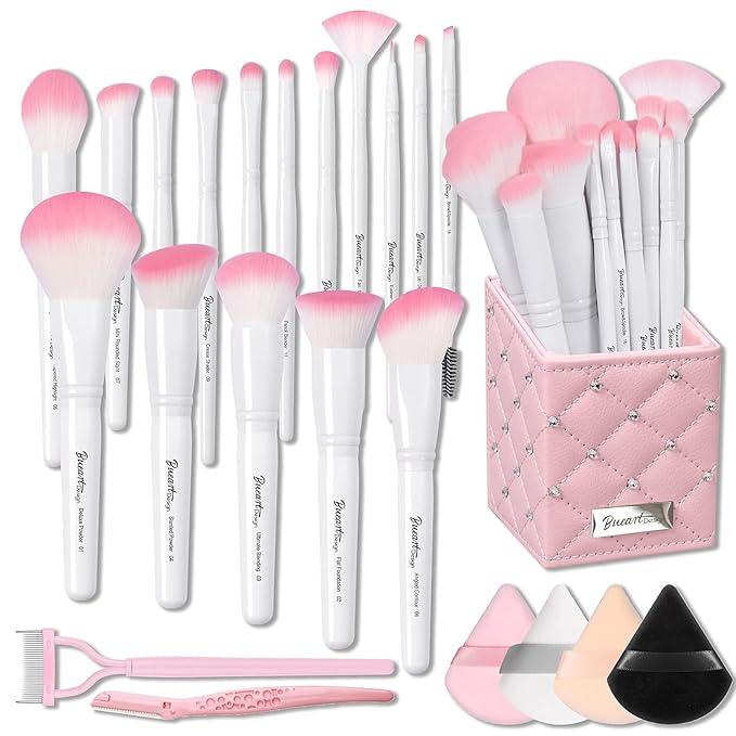 Bueart Design 16Pcs ULTRA SOFT labeled Makeup Brushes set with brush Holder face brush for Foundation Powder Blending Blush wooden Handle(16Pcs White+Pink Holder)-FemmiqueWomen