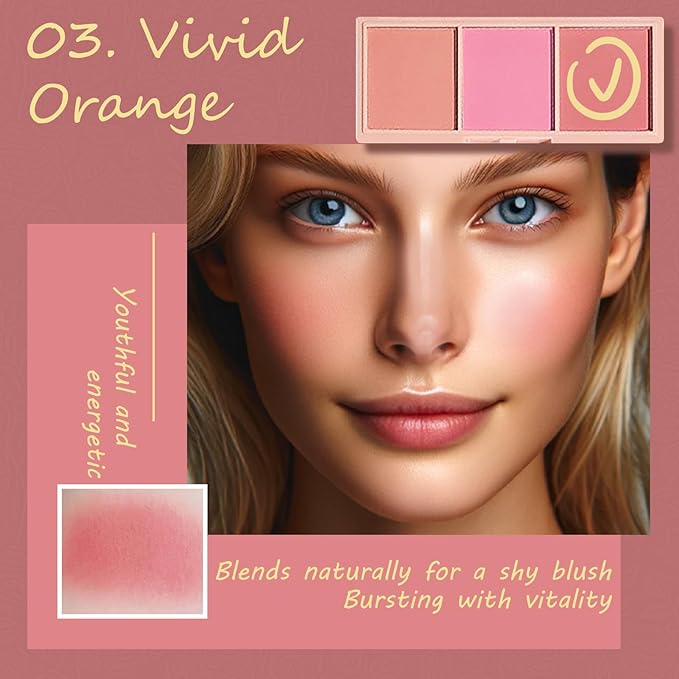 3 Color Matte Pink Blush Palette with Brush, Long Lasting Cheek Makeup, Smooth and Light Blush Powder for Face Beauty-FemmiqueWomen