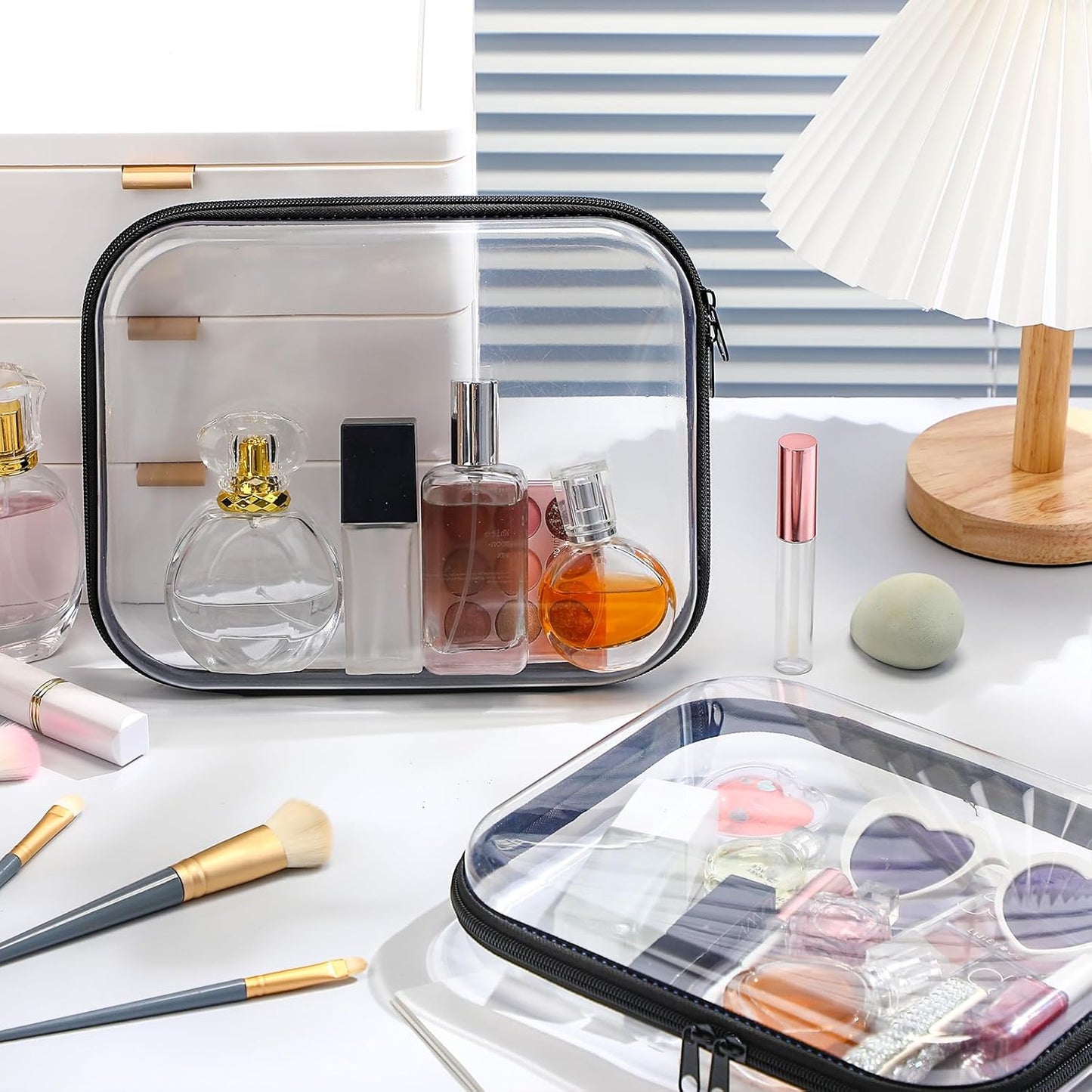 Hoolerry 3 Pcs Clear Hard Zipper Case Plastic Pouch Transparent Hard Case Clear Makeup Bag Portable Travel Organizer Bin for Cosmetics, Building Blocks, Puzzles(Black,M)-FemmiqueWomen