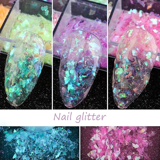 12 Colors Holographic Nail Art Glitter Sequins Iridescent Ice Slag Nail Glitter Laser Nail Art Flakes Colored Fluorescent Glass Paper Nail Sticker Decoration for Face Hand Body Make-Up DIY-FemmiqueWomen