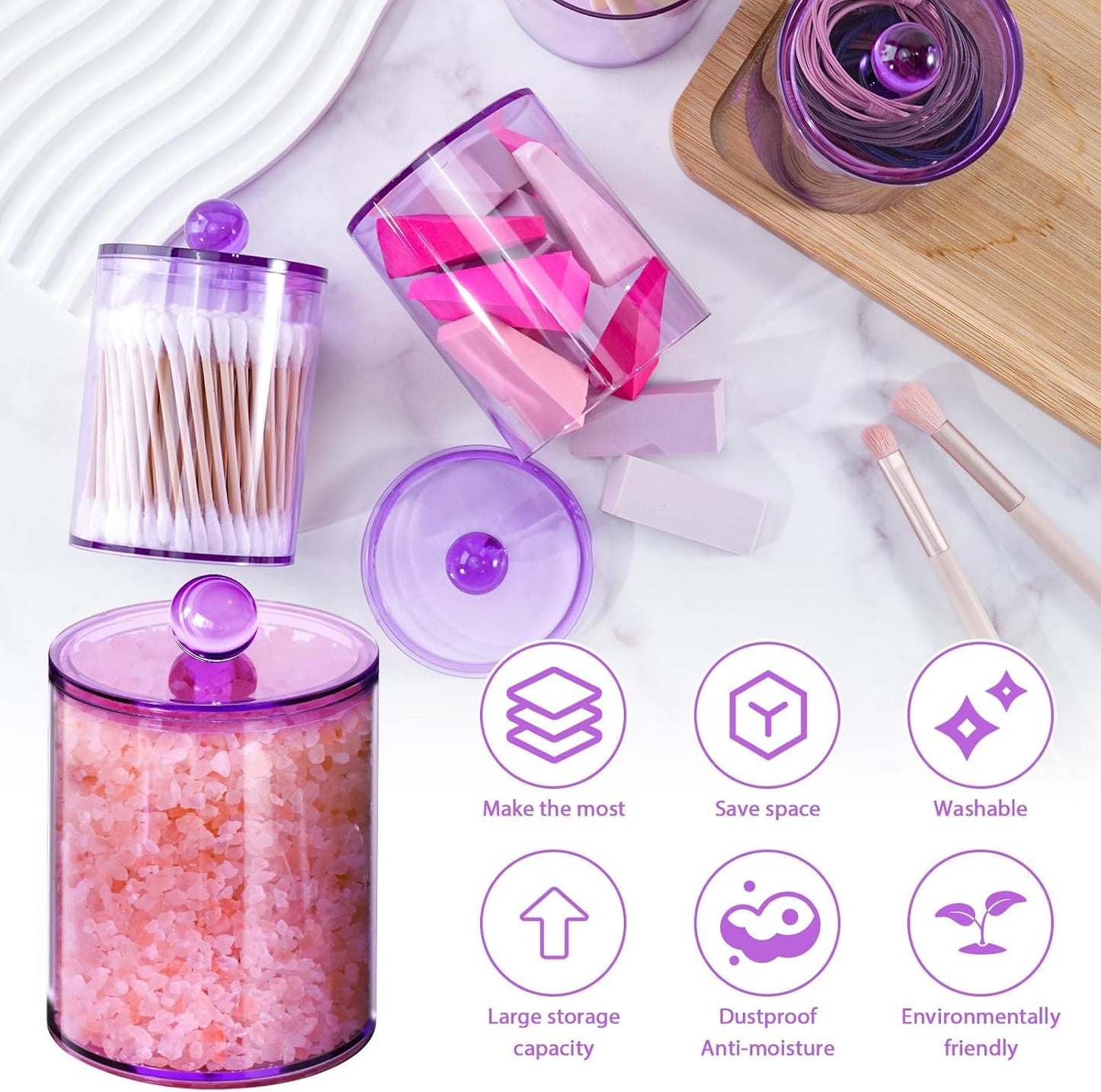 2 Pack Qtip Holder,Canister Apothecary Jar Set, Bathroom Jars with Lids Set for Cotton Swabs, Balls, Pads, Floss Picks,10oz-12oz Plastic Canisters Restroom Bedroom Vanity Organizer(Purple)-FemmiqueWomen