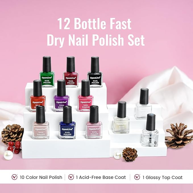 12 PCS Nail Polish Set With 10 Colour Combo, 2 PCS Base And Top Coat,Fast Drying Nail Polish For Home DIY And Beginners.-FemmiqueWomen