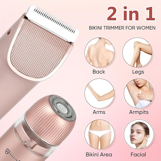 2 in 1 Women Electric Shaver Dual Head Bikini Trimmer for Women IPX7 Waterproof Wet & Dry Use Body Hair Trimmer and Facial Hair Remover for Bikini Underarm Leg Arm Body Face-FemmiqueWomen
