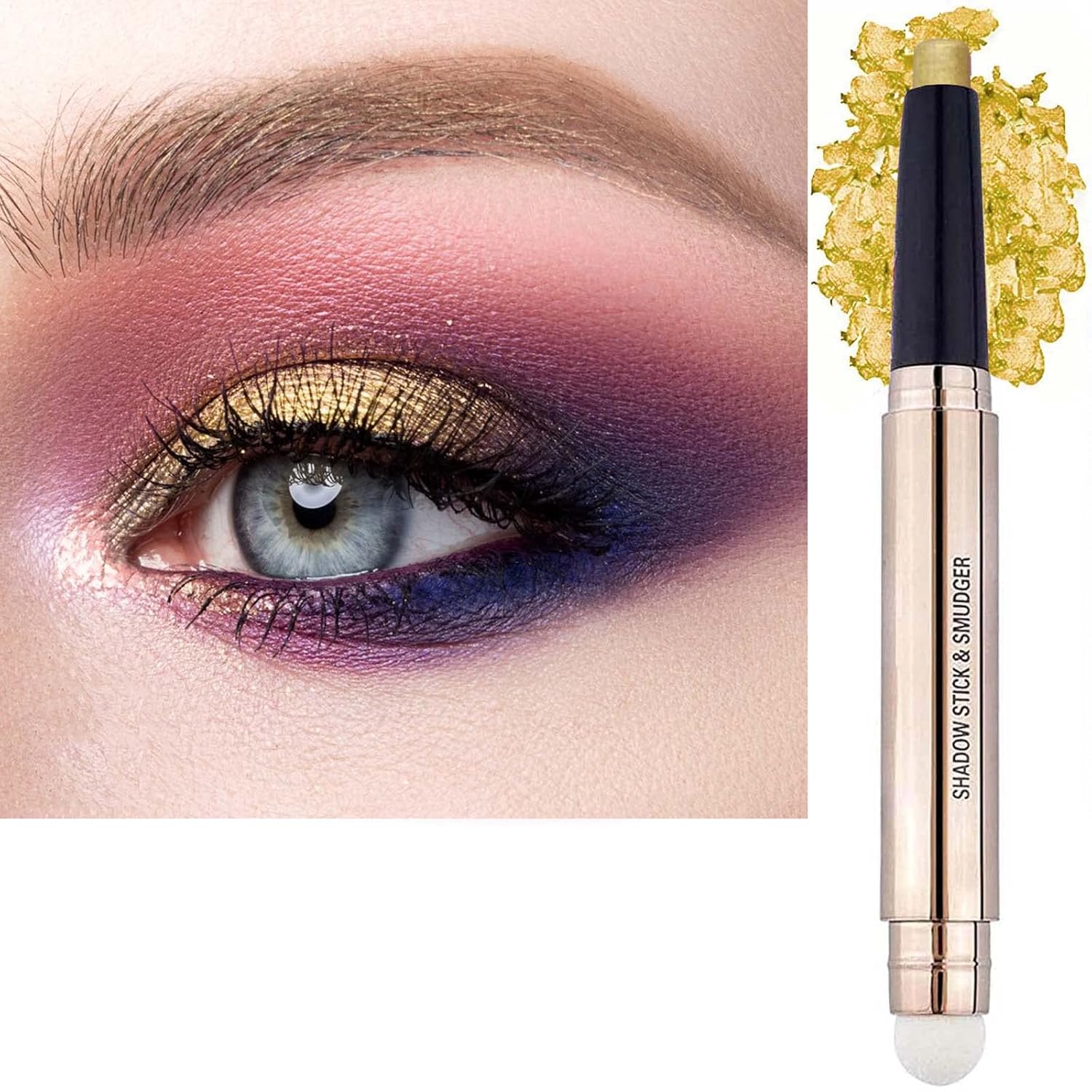 2 in1 Gold Copper Eyeshadow Stick and Sponge Makeup Brush Smooth Creamy Shimmer Eye Shadow Pen Long Lasting Waterproof Eyeshadow Highlighter Stick Makeup, Hypoallergenic Highlighter Eyeliner-FemmiqueWomen