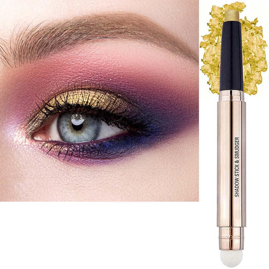 2 in1 Gold Copper Eyeshadow Stick and Sponge Makeup Brush Smooth Creamy Shimmer Eye Shadow Pen Long Lasting Waterproof Eyeshadow Highlighter Stick Makeup, Hypoallergenic Highlighter Eyeliner-FemmiqueWomen