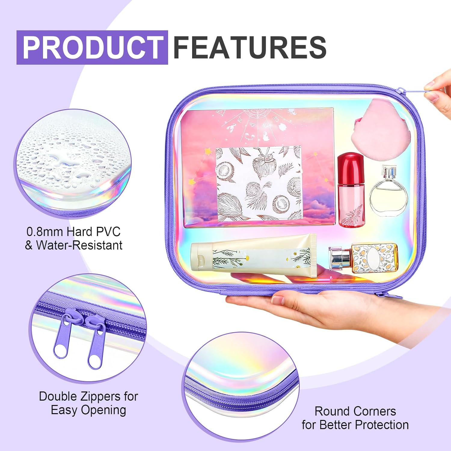 Hoolerry 4 Pcs Hard Clear Zipper Case Makeup Bags Plastic Pencil Pouch Transparent Storage Box Containers for Cosmetics, Snacks, Building Blocks, Puzzles(Purple Laser,9.8 x 7.9 x 2 in)-FemmiqueWomen