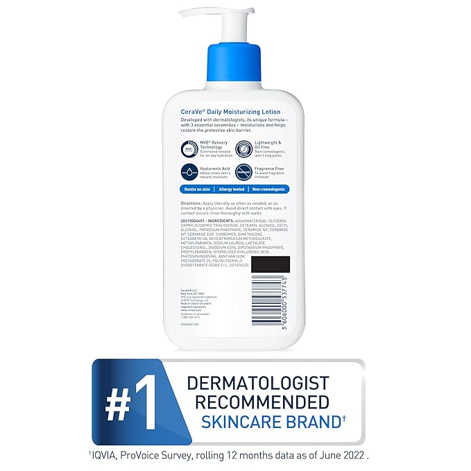 CeraVe Daily Moisturizing Lotion for Dry Skin, Body Lotion & Face Moisturizer with Hyaluronic Acid and Ceramides, Daily Moisturizer, Fragrance Free, Oil-Free, 12 Ounce-FemmiqueWomen