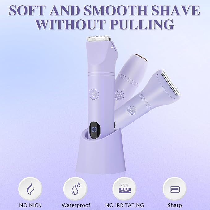 3-in-1 Bikini Trimmer for Women, IPX7 Waterproof Electric Shaver for Women-Rechargeable Electric Razors for Pubic, Facial & Body Hair Trimmer with LED Display, Travel Kit & Painless Blades (Purple)-FemmiqueWomen