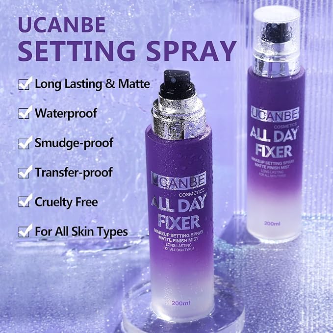 Long Lasting Makeup Setting Spray Kit- 6.76 Fl oz Hydrating Matte Finish Mist Lightweight Face Make up Fixer +Travel Size Spray Bottle+Sponge Puff Makeup Set-FemmiqueWomen