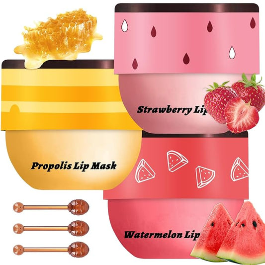3 Pcs Bee Lip Balm Honey Pot, Honey Strawberry Watermelon Lip Mask Overnight, Moisturizing Sleeping Lip Mask, Hydrate Repair Prevent Dry Cracked Lip Care (Honey+Strawberry+Watermelon)-FemmiqueWomen