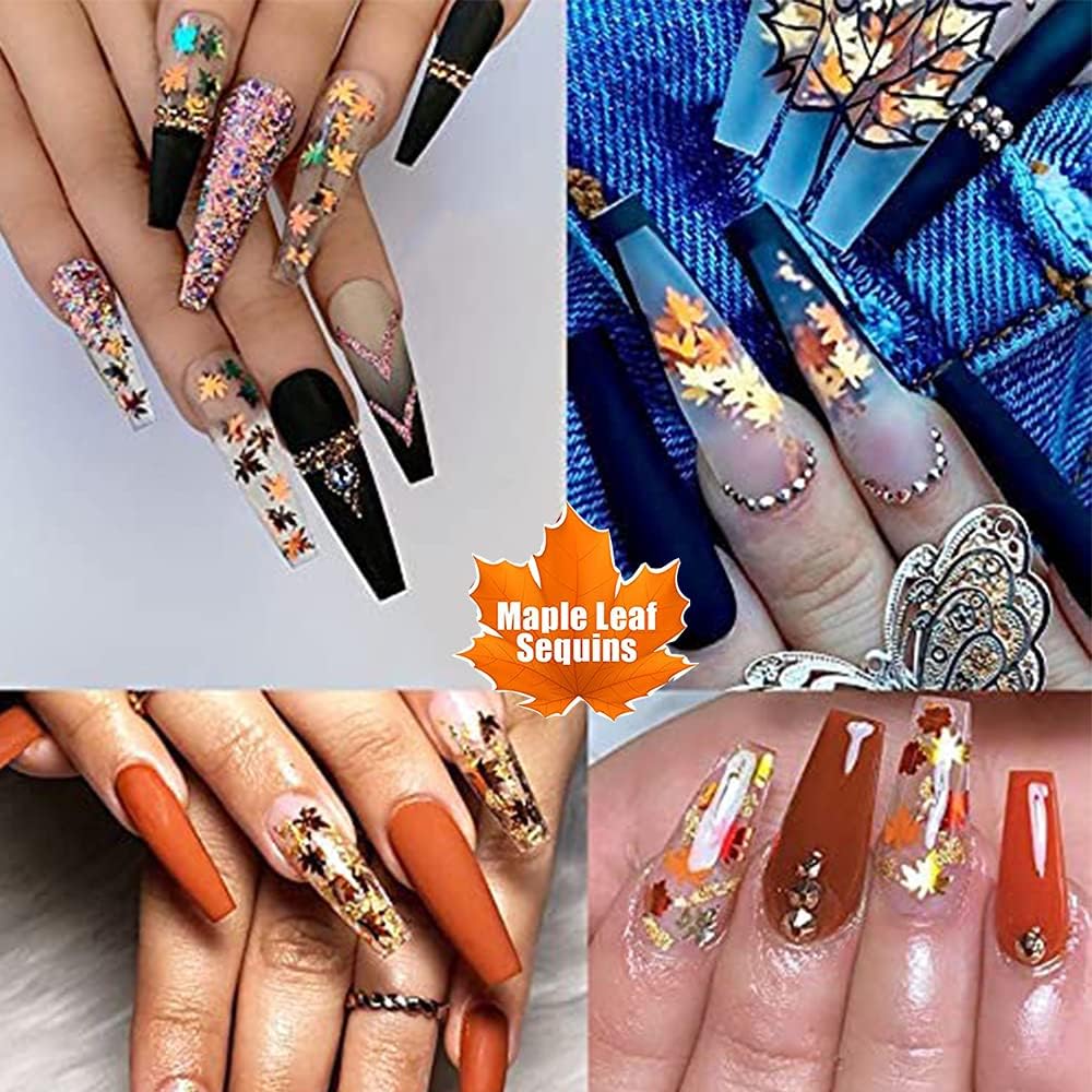 3D Fall Maple Leaf Nail Art Decals Charms for Nails, 3D Holographic Glitters Meteillc Red Yellow Nail Art Sequins Flakes for Women DIY Manicures Salon Accessories 2 Bag-FemmiqueWomen