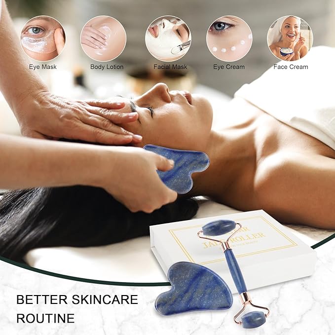 Jade Roller for Face, Facial Roller Massager Skin Care Tool, Gua Sha Facial Tools for Face, Neck, Eyes, Reduce Puffiness of The Skin(Blue)-FemmiqueWomen