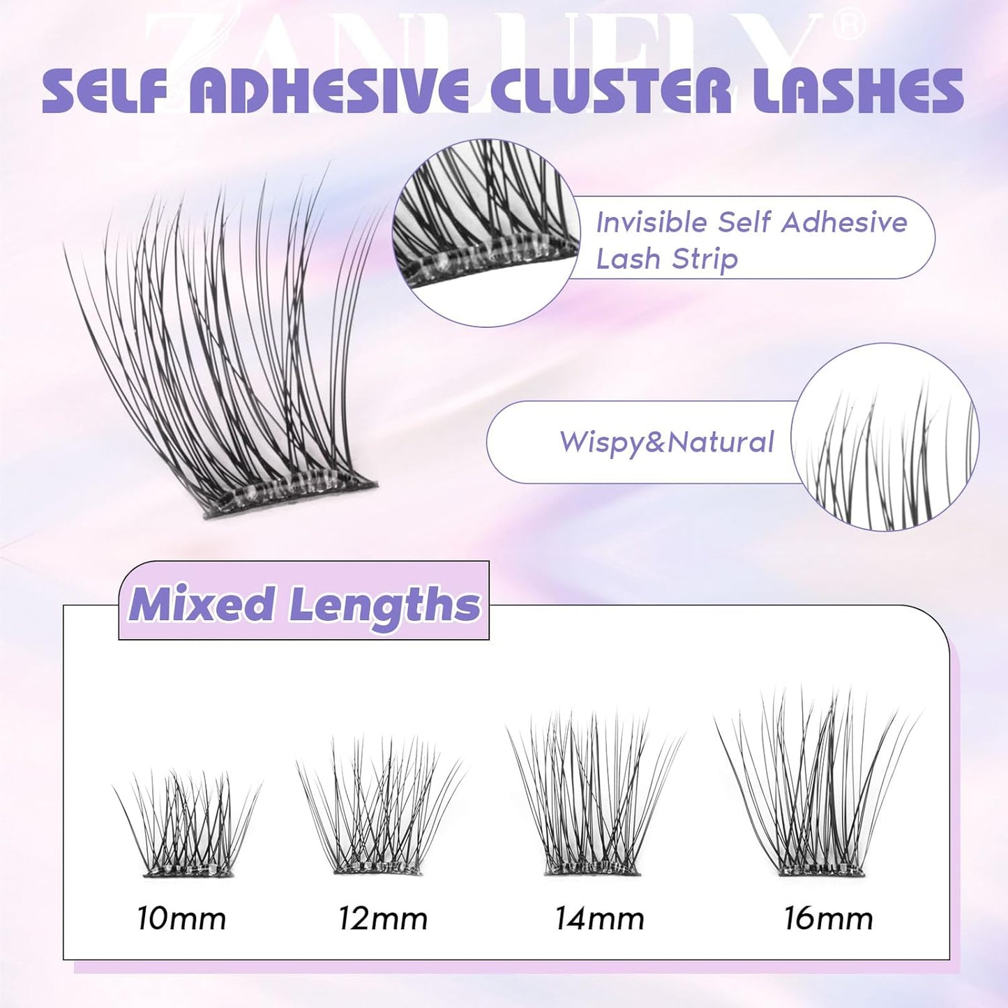 Self Adhesive Cluster Lashes Natural No Glue Eyelash Clusters Self Adhesive Individual Lashes with Clear Strips 10-16MM Wispy DIY Eyelash Extensions by ZANLUFLY-FemmiqueWomen