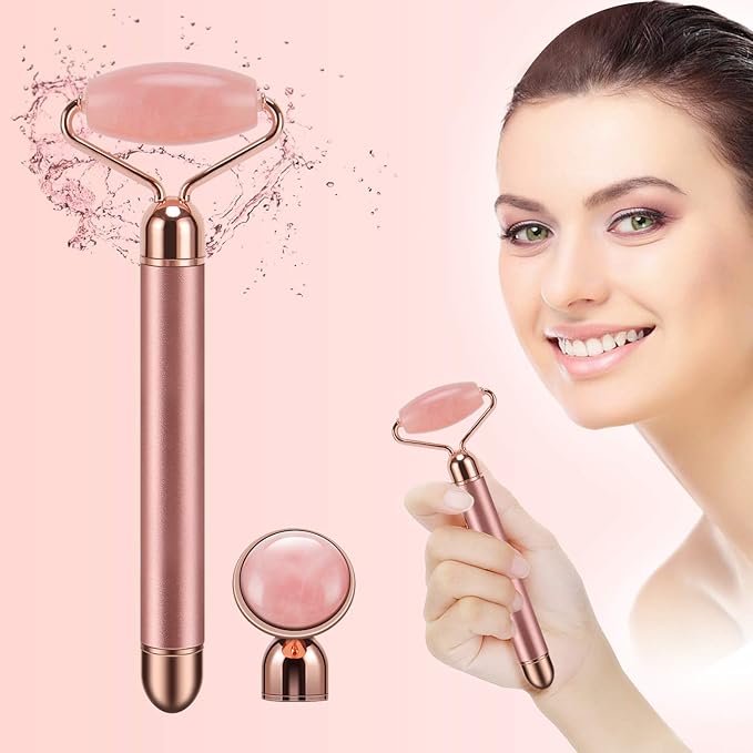 2-IN-1 Electric Jade Roller Massager Facial Roller & Face Massager, Rose Quartz-FemmiqueWomen